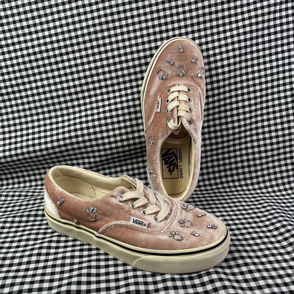 Vans X Sandy Liang Women's Pink Velvet Sneakers Lace Up Pierced Rhinestone Sz 6